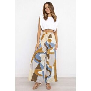 Jucca Abstract Geometric Print Wide Leg Pant Blue Ochre Italy Tg 44IT/8-10US NEW